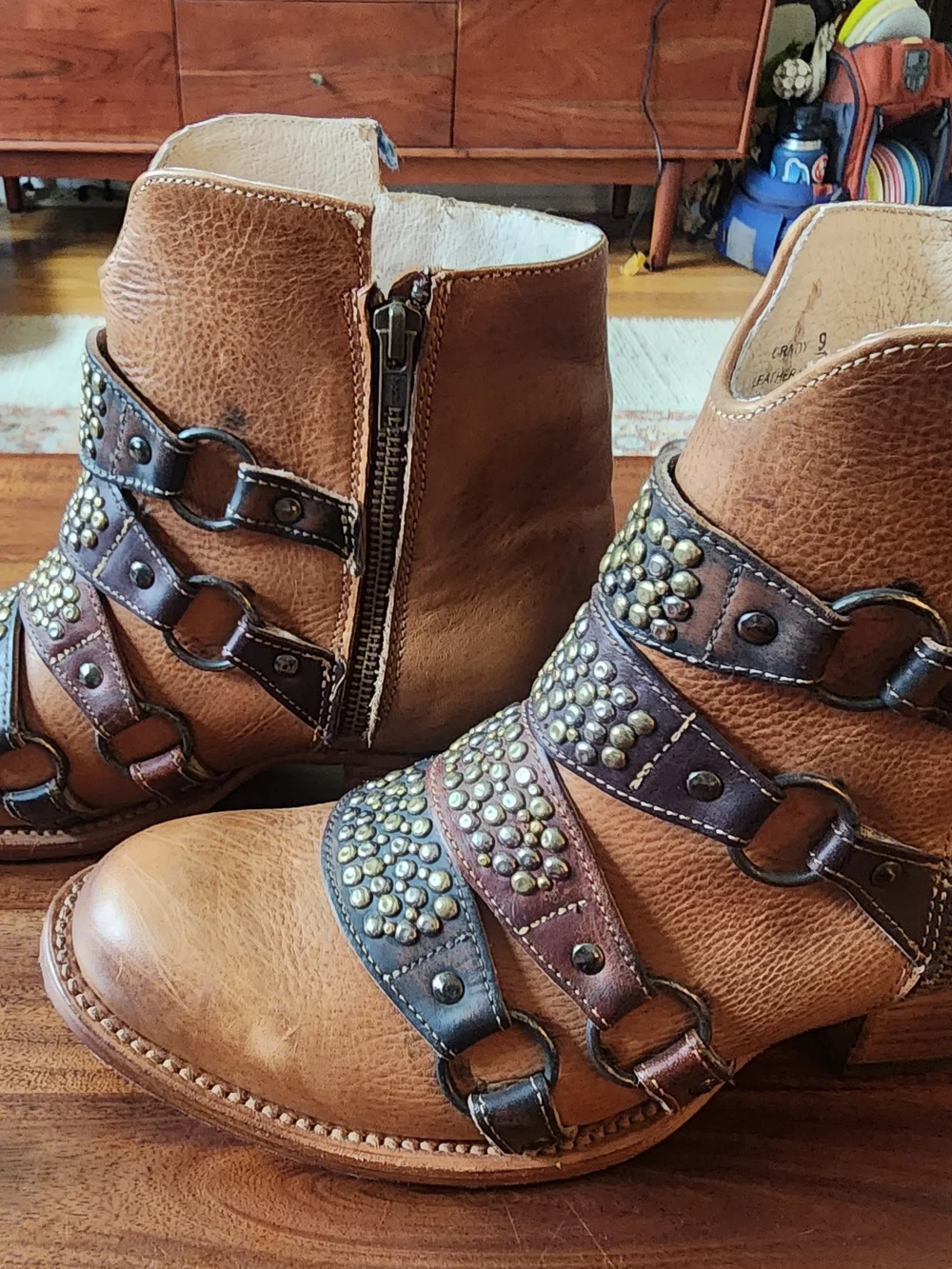freebird Grady Tan Leather Studded Strap Ankle Boots